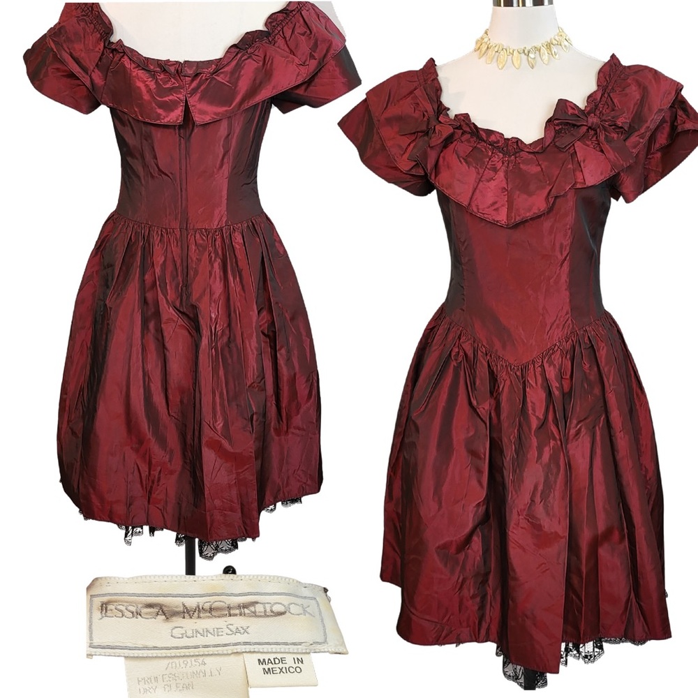 Vtg 80s Gunne Sax Party Ruffle Bow Red Dress with Black Net Petticoat Small
